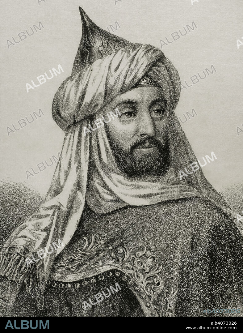 Muhammad ibn Nasr (1194-1273). El primer rey del Reino de Granada y fundador de la dinastía de los Nazaríes. Gobernó de 1238 a 1273 como Muhámmad I. Conocido por Ibn al-Ahmar o Alhamar. Retrato. Litografía. Crónica General de España, Historia Ilustrada y Descriptiva de sus Provincias. Andalucía, 1869.