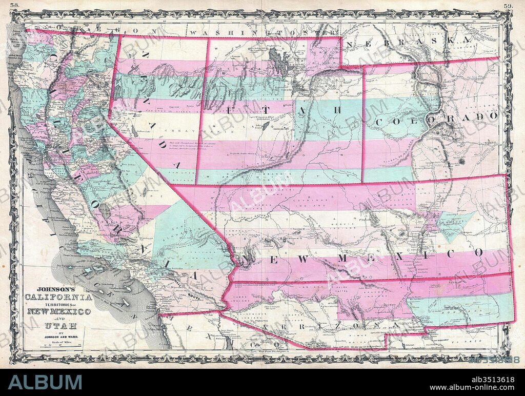 1862, Johnson Map of California, Nevada, Utah, Colorado, New Mexico and Arizona.