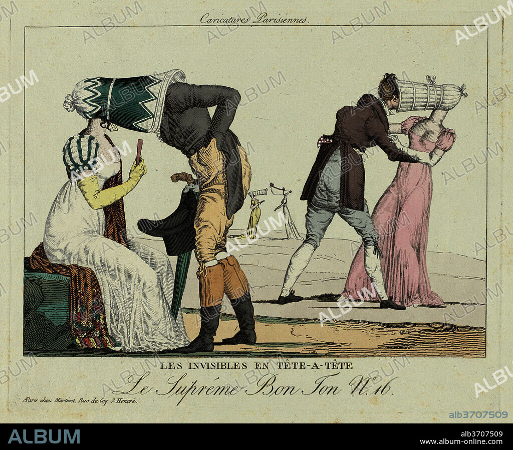 FRENCH 19TH CENTURY. Les Invisibles en tête-à-tête (Tête-à-Tête with Poke Bonnets). Dated: c. 1805. Dimensions: plate: 20.4 × 25 cm (8 1/16 × 9 13/16 in.)  sheet: 25.5 × 34.2 cm (10 1/16 × 13 7/16 in.). Medium: etching with publisher's hand coloring in watercolor on pale green laid paper.
