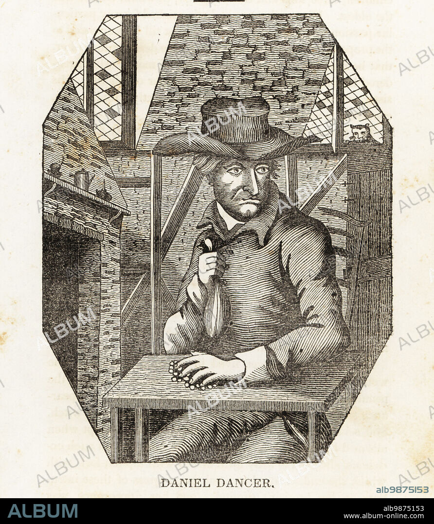 Daniel Dancer, notorious 18th century miser with bag of gold and coins on a bare kitechen table. Born in Harrowweald, Middlesex, 1716-1794. Woodcut from The Cabinet of Curiosities, or Wonders of the World Displayed, Henry Piercy, New York, 1836.