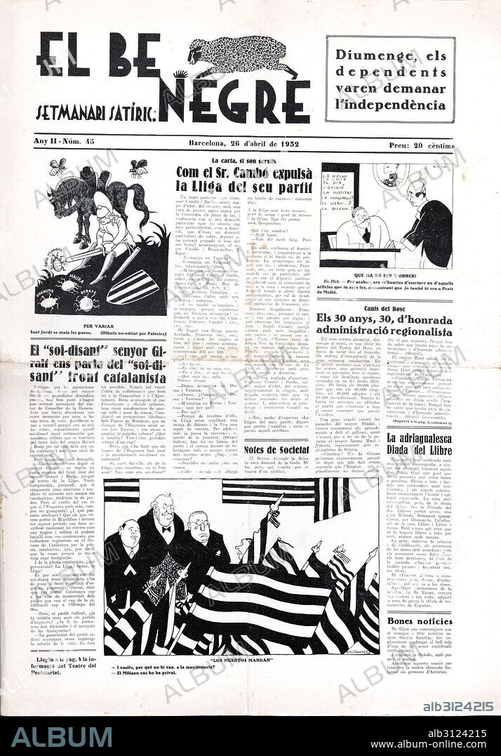 Portada del semanario satírico "El Be Negre", nº 45, publicado en Barcelona 26 abril 1932. Caricatura de Sant Jordi, patrón de Catalunya.