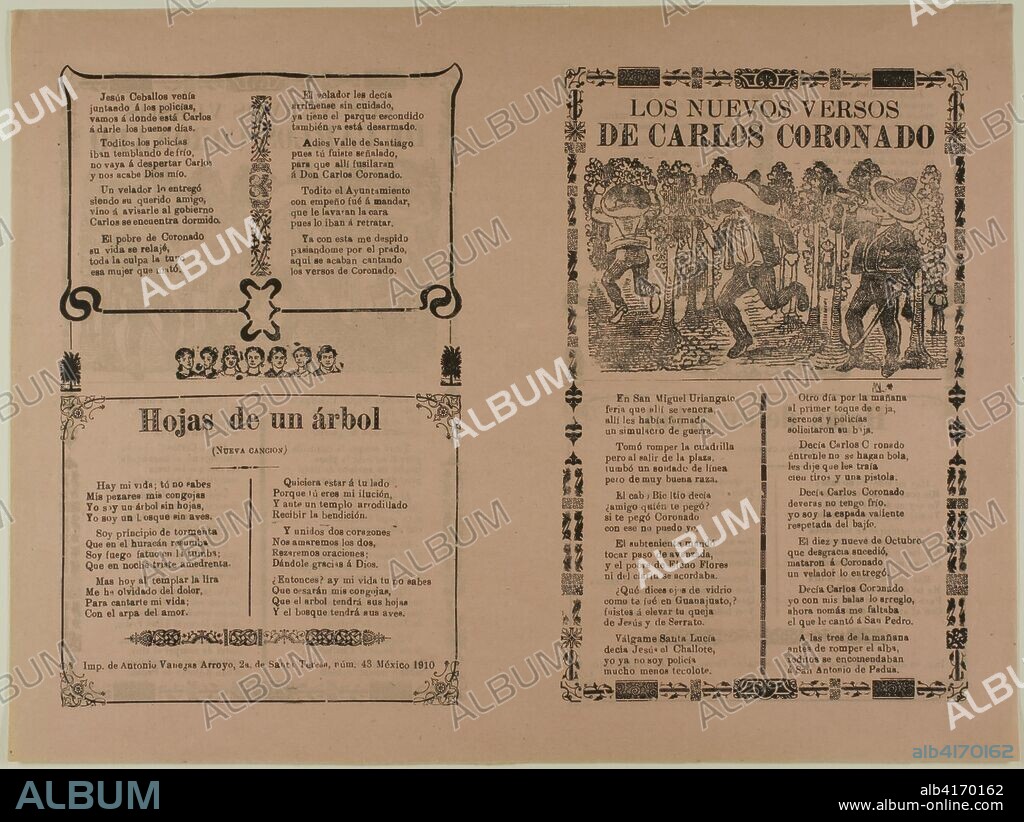 JOSE GUADALUPE POSADA. Los nuevos versos de Carlos Coronado (The New Verses by Carlos Coronado). José Guadalupe Posada; Mexican, 1852-1913. Date: 1910. Dimensions: 300 x 401 mm. Zincograph on paper. Origin: Mexico.