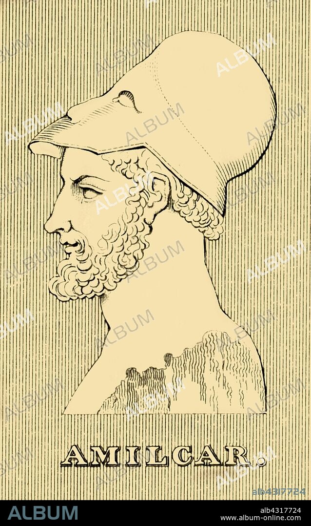 'Amilgar', (c275-228 BC), 1830. Hamilcar Barca (c275-228 BC) Carthaginian general and statesman, leader of the Barcid family,  father of Hannibal, Hasdrubal and Mago. He led a successful guerrilla war against the Romans in Sicily. From "Biographical Illustrations", by Alfred Howard. [Thomas Tegg, R. Griffin and Co., J. Cumming, London, Glasgow and Dublin, 1830].