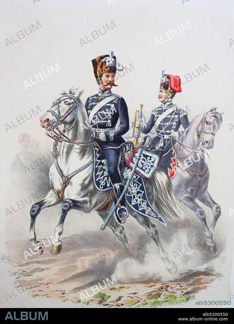Royal Prussian Army, Guards Corps, Preußens Heer, preussische Garde, Leib Husaren Regiment, Offizier, Trompeter, Digital improved reproduction of an illustration from the 19th century.