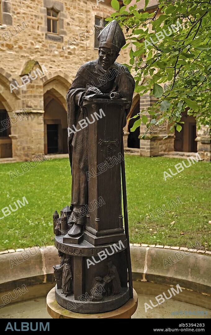 Thietmarbrunnen, a fountain in the cloister of Merseburg Cathedral, depicting Thietmar von Walbeck, called Thietmar of Merseburg, chronicler and bishop, ruled 1009-1019, Domplatz 7, Merseburg, Saxony-Anhalt, Germany, Europe.