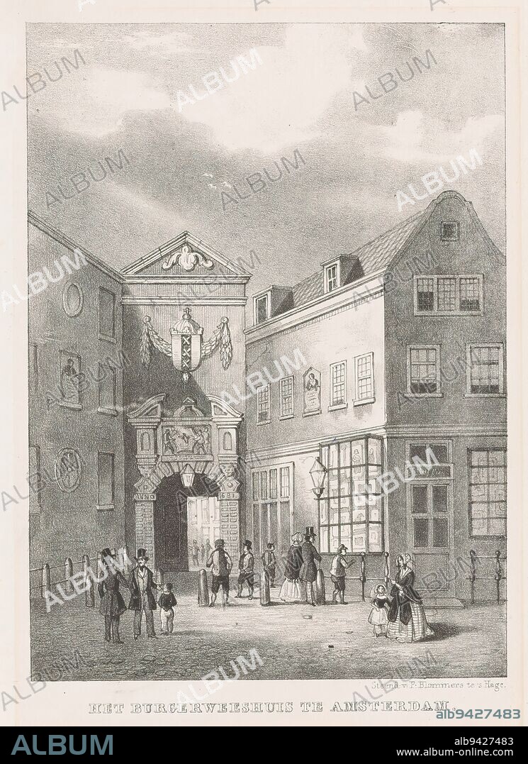 The Civil Orphanage in Amsterdam (title on object), View of the gate of the Civil Orphanage in Amsterdam with the shop window of art dealer Frans Buffa & Sons., print maker: anonymous, printer: P. Blommers (Steendrukkerij van), (mentioned on object), publisher: P. Blommers (Steendrukkerij van), (mentioned on object), The Hague, 1842 - 1887, paper, height 188 mm × width 130 mm.