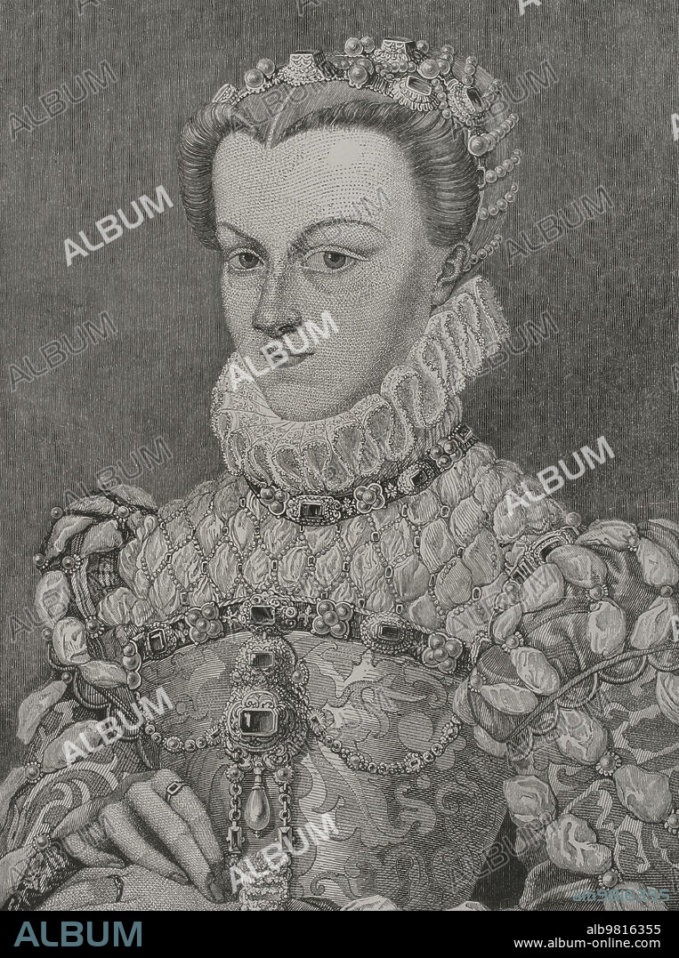 LOUIS DUJARDIN (1808-1859). FRENCH PRINTMAKER.. Elisabeth of Austria (1554-1592). Archduchess of Austria. Daughter of Emperor Maximilian II and Maria of Austria and Portugal. Queen consort of France (1570-1574) by marriage to King Charles IX. Portrait. Engraving by L. Dujardin after the painting by François Clouet. "Los Héroes y las Grandezas de la Tierra". Volume V. 1855.