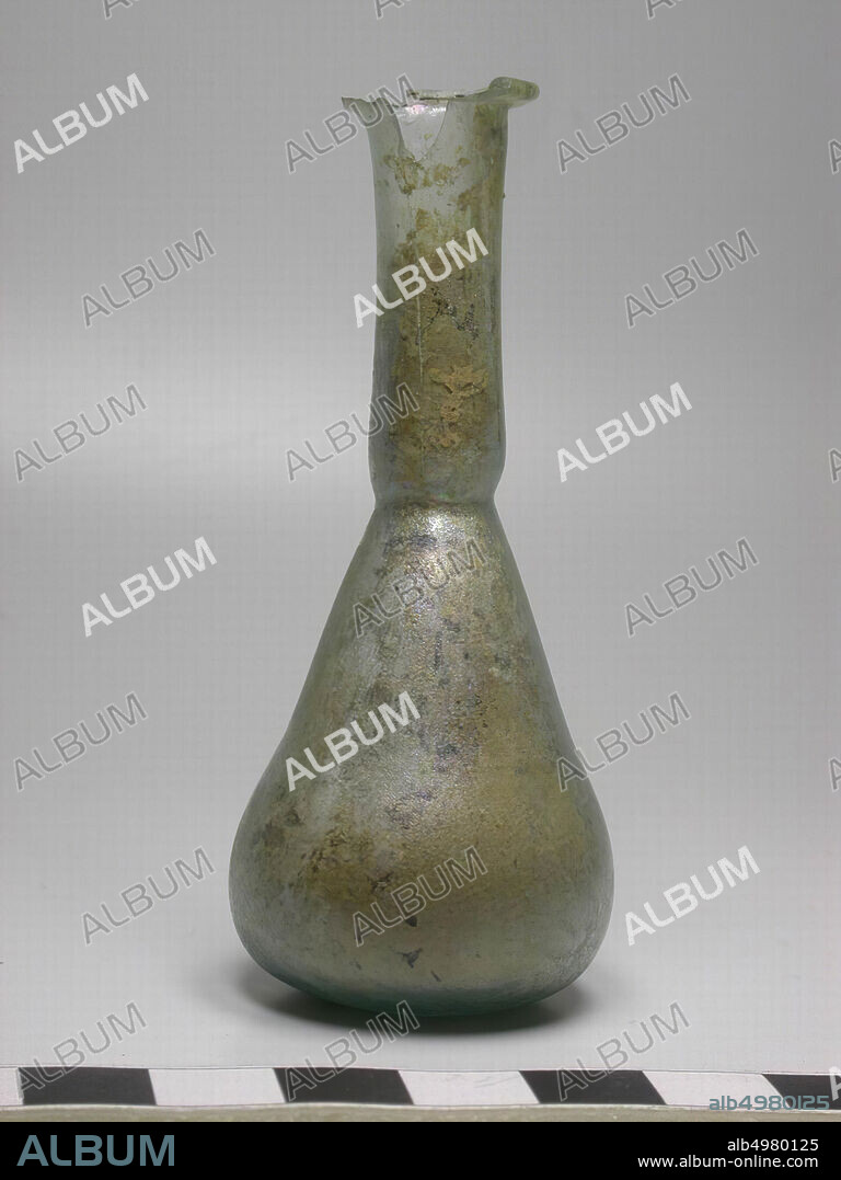 A glass bottle with a sagged pear-shaped body and a long straight neck. Part of the edge is missing., Crockery, glass, H 8 cm, Turkey.