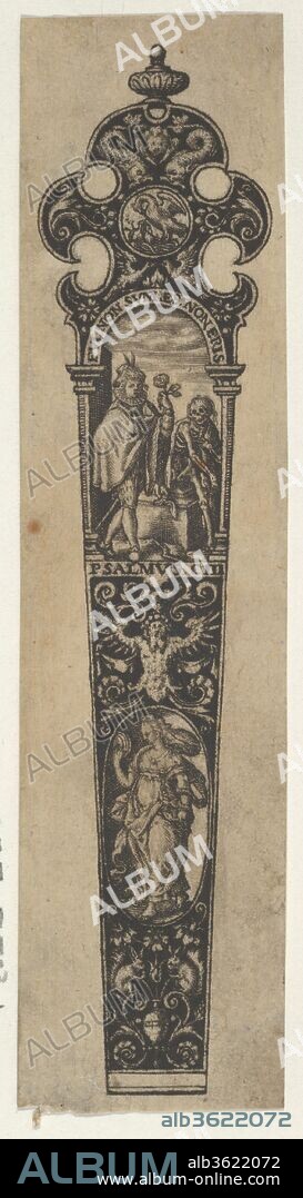 Design for a Knife Handle with a Memento Mori. Artist: Johann Theodor de Bry (Netherlandish, Strasbourg 1561-1623 Bad Schwalbach). Dimensions: Sheet: 3 3/4 × 15/16 in. (9.6 × 2.4 cm). Date: 1580-1600.
Panel with knife handle design, with a man with a rose before the seated figure of Death, shown as a skeleton, after a design by Jan Saenredam after Hendrik Goltzius (Bartsch III.258.123) This scene is framed by an arch at the top of the handle and is on a blackwork background with grotesques. From a series of twelve plates.