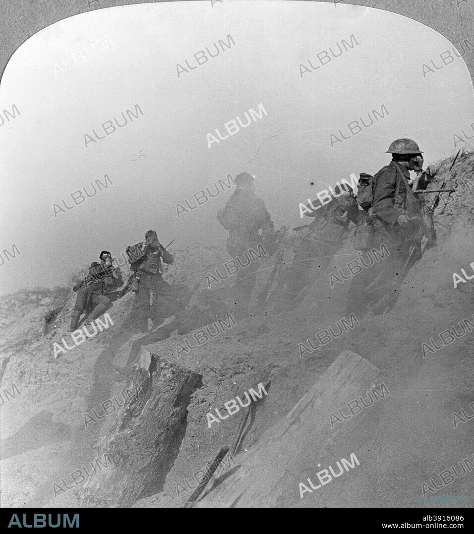 Gas Alarm!, Loos, France, World War I, c1915-c1918. On 22 April 1915, during the Second Battle of Ypres, the Germans released 168 tons of chlorine gas over a four mile front, in the first gas attack of the war. Initially French and Algerian troops (Zouaves) of the 45th and 78th Divisions were attacked with the gas, inflicting heavy casualties and causing widespread panic, with the survivors abandoning their positions. Although the Allies initially condemned the attack as barbaric, the British used it for the first time at the Battle of Loos later the same year, and by the end of the war both sides had used it extensively. Stereoscopic card. Detail.