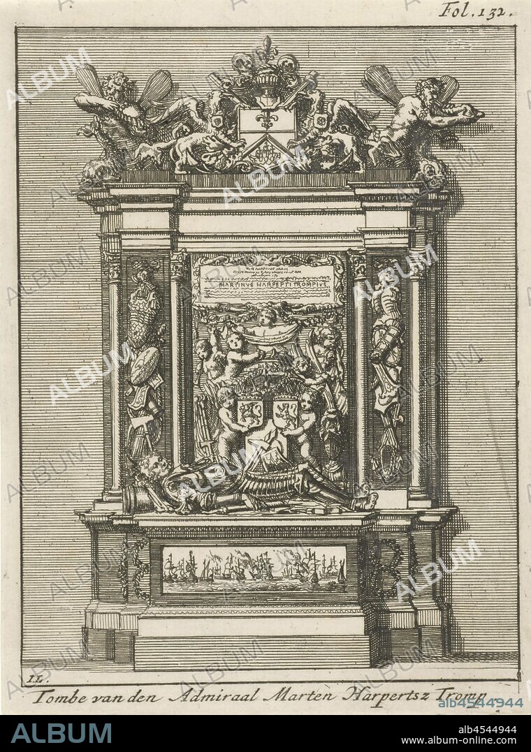 Tomb of the Admiral Maarten Harpertszoon Tromp Tomb of the Admiral Marten Harpertsz Tromp (title on object), Print upper right: Fol. 132, grave, tomb, Maarten Harpertszoon Tromp, Jan Luyken (mentioned on object), 1692, paper, etching, h 169 mm × w 126 mm.