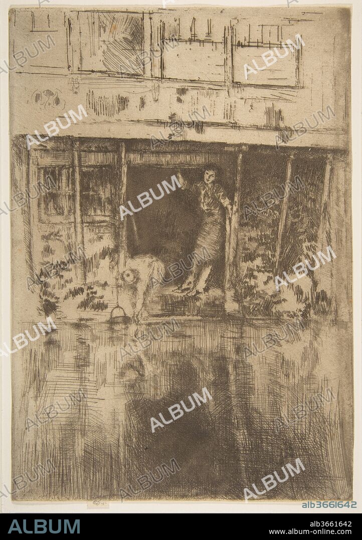 JAMES ABBOTT MCNEILL WHISTLER. Pierrot. Artist: James McNeill Whistler (American, Lowell, Massachusetts 1834-1903 London). Dimensions: Plate: 9 1/8 × 6 1/4 in. (23.1 × 15.9 cm)
Sheet: 9 1/8 × 6 1/4 in. (23.1 × 15.9 cm). Date: 1889.
In an old district of Amsterdam, Whistler represents two figures emerging from a shadowed workshop at the edge of a canal. Leaning against a slender post, a young man clad in an apron looks across the water as his female companion dips a cloth into it. The still, dark, reflective surface fills the foreground and doubles the forms, and the title, Pierrot, evokes a tragicomic commedia dell'arte character suggested by the pallor of the man's face. The print belongs to a set the artist made in Amsterdam during a two-month stay in early fall 1889, following his summer marriage to Beatrice Philip, the widow of architect Edward William Godwin.