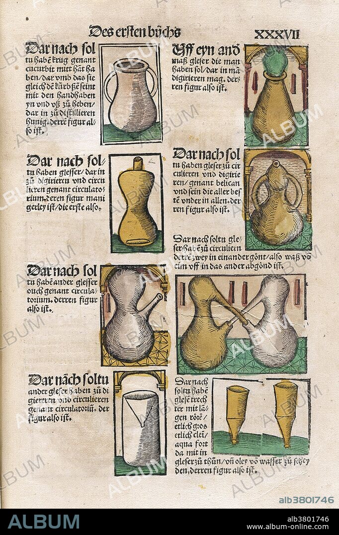 Various retorts and balloons used in distillation processes to receive separated and/or purified materials. On the left from top to bottom, a pelican, a retort with two arms; a double ampulla; an alembic, a receiver with two bulbs; and a crucibulum. On the right, a cucurbita, with a closed alembic; a pelican with tubes; an aquila (eagle), a double circulating vessel; and a tritorium funnel. Brunschwig's Liber de arte distillandi simplicia et composita (Little Book of Distillation) was one of the earliest books ever written concerning the subjects of chemistry and pharmacology. Printed in Strasbourg in 1512, it is a practical manual on chemical, alchemical, and distillation devices and techniques used to manufacture drug therapies. It includes instructions on how to distill aqua vitae, potable gold, artificial and natural balsams and how to use distillates to treat illnesses in surgical cases. The last of the 16th century herbals, this book is widely regarded to be an important link between the Middle Ages and modern times. Hieronymus Brunschwig (1450 - 1512), was a German physician, surgeon, chemist, and pharmacologist. He was notable for his early work on chemical techniques, as well as his methods of treatment of gunshot wounds. He died in 1512 at the age of 61 or 62.