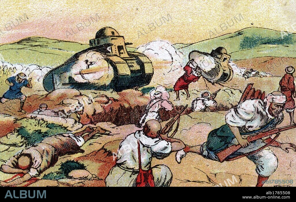 Guerra de Marruecos (1911-1927). Carros blindados en un asalto a la trinchera rifeña. Dibujo de A. Mestres.