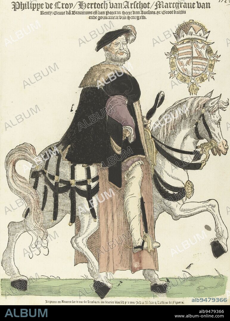 Portrait of Philip de Croy on horseback, Cornelis Anthonisz. (manner of), 1546 - 1549, Philip de Croy, Duke of Aarschot, on horseback. Top right, coat of arms of Croy with the Order of the Golden Fleece. Top two lines of text in French and three in Dutch., print maker: Cornelis Anthonisz., (manner of), print maker: Hans Liefrinck (I), Hans Liefrinck (I), (possibly), Low Countries, publisher: Antwerp, 1546 - 1549, paper, h 406 mm × w 295 mm.