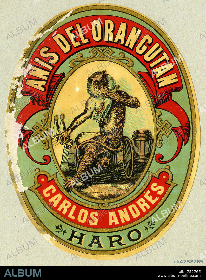 'Anis del orangutan'. Etiquette espagnole d'anisette, fin 19eme s. Illustration anonyme representant un singe sur un tonneau d'alcool. Credit : Collection IM/KHARBINE-TAPABOR.