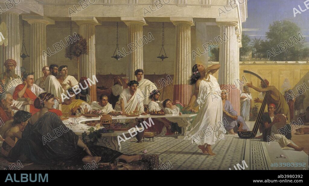 'Herod's birthday feast', 1868. He is seated at a banquet, in the courtyard of a classical villa. Surrounded by other seated figures, he watches Salome dance.