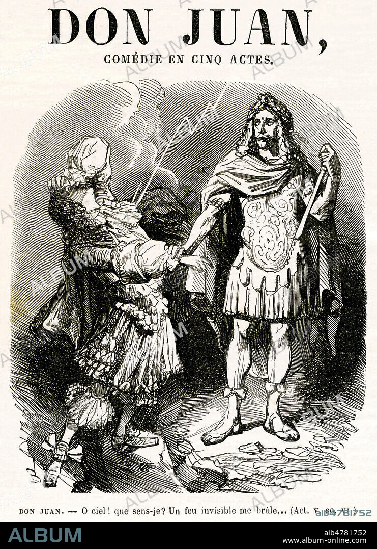 Don Juan (tenu par la statue du Commandeur).- O ciel! que sens-je ? Un feu invisible me brule (Acte V, scene 6). Illustration vers 1855 par JANET-LANGE (1815-1872) pour Don Juan comedie en cinq actes de MOLIERE (1622-1673). Credit : Collection Jonas/Kharbine-Tapabor.