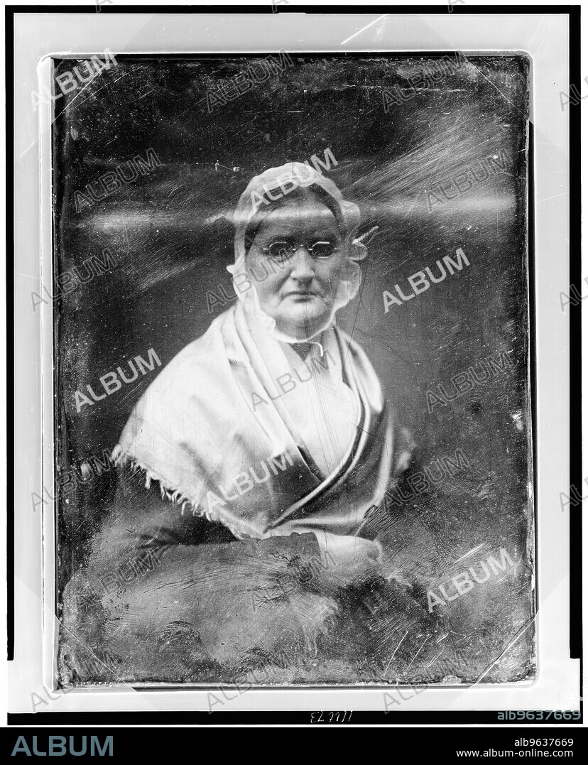 MATHEW BRADY. Mary Woodburn Greeley, half-length portrait of a woman, slightly to the right, facing front, wearing spectacles, between 1844 and 1860. Wife of Zaccheus Greeley, mother of Horace Greeley.