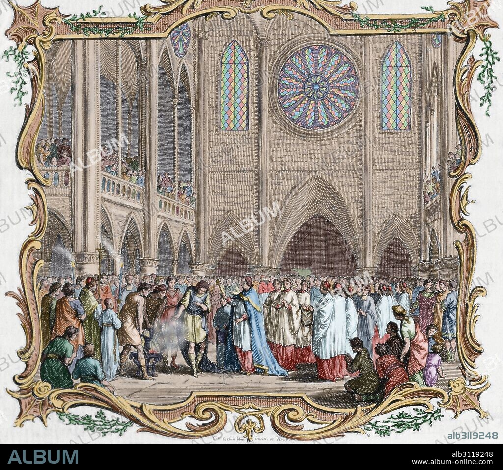 HISTORIA MEDIEVAL. EUROPA. ORDALIA o JUICIO DE DIOS. PRUEBA DEL HIERRO CANDENTE. Consistía en dar dos pasos con un hierro candente en la mano. Pasados tres días se descubría la herida y si salía agua de la vejiga formada por la quemadura, se perdía el juicio. Grabado francés del año 1849. Coloreado.