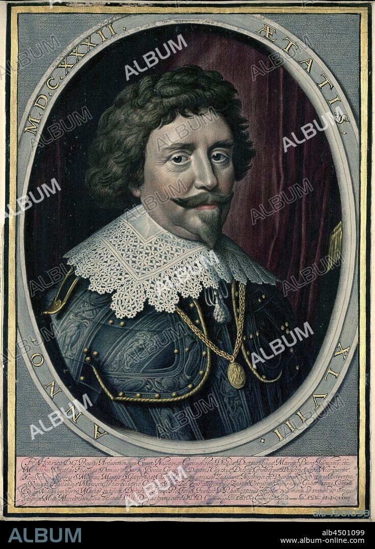 Portrait of Frederik Hendrik Begraeffenisse by syne hoogheyt Frederick Henrick. Luxuriously colored edition of the prints of the funeral procession of Frederik Hendrik in 1647 (series title), Colored portrait of Frederik Hendrik. Mounted on a sheet of paper in a frame decorated with gold and pasted in the luxury edition from ca. 1755 of the book 'Begraeffenisse van syne hoogheyt Frederick Henrick' by Pieter Post, published in Amsterdam in 1651, Frederik Hendrik (Prince of Orange), Willem Jacobsz. Delff, 1632, paper, engraving, h 440 mm × w 312 mm.