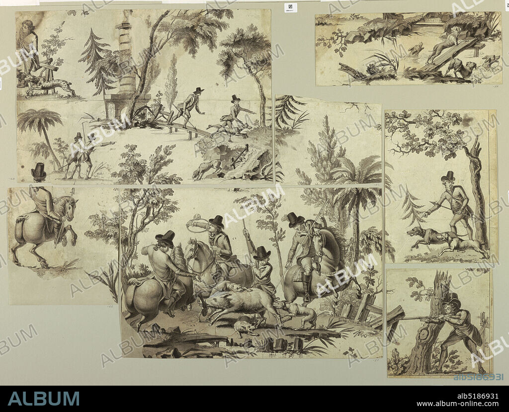Fragments of an incomplete cartoon for cotton printing: La Course au Sanglier, Claude-Louis Desrais, (French, 17461816), Lafosse, Lionnet et Médard, Pen and black ink with gray washes on paper, The composition of this design for a textile, includes four hounds crossing a small stream; hunters with spears and dogs pursuing the chase in the vicinity of a memorial column; a hunter with a spear directing two hunting dogs to the scent; a hunter on horseback, seen from the back; three hunters on horseback, and one unmounted, with three hunting dogs attacking a wild boar., Montpellier, France, 1785, Drawing, Drawing.