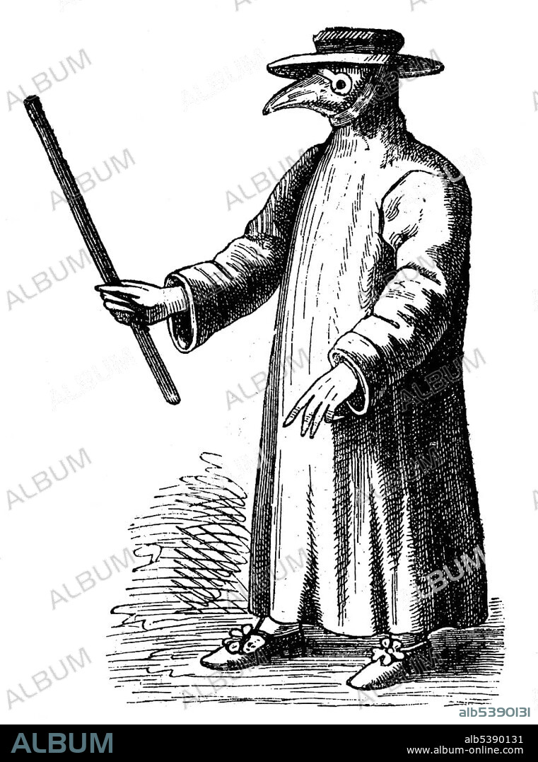 Plague doctor from 17th century, woodcut, historical engraving, 1880