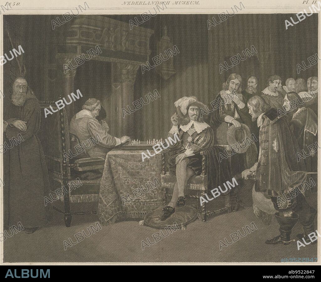 Louis XIII, King of France and Cardinal Armand-Jean du Plessis, Duke of Richelieu, play chess before a fireplace in the presence of a group of men, Louis XIII and Richelieu play chess , print maker: Jan Frederik Christiaan Reckleben, (mentioned on object), Amsterdam, 1850, paper, steel engraving, h 242 mm × w 296 mm.