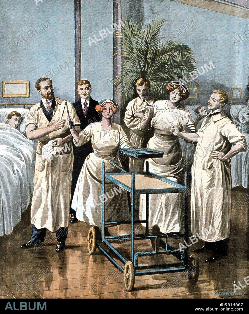 Mademoiselle Claire, an automaton built by Robert Herdner, used by him at l'Hopital Bretonneau to hand out surgical instruments from tgrolley. From Le Petit Journal, Paris, 18 August 1912.