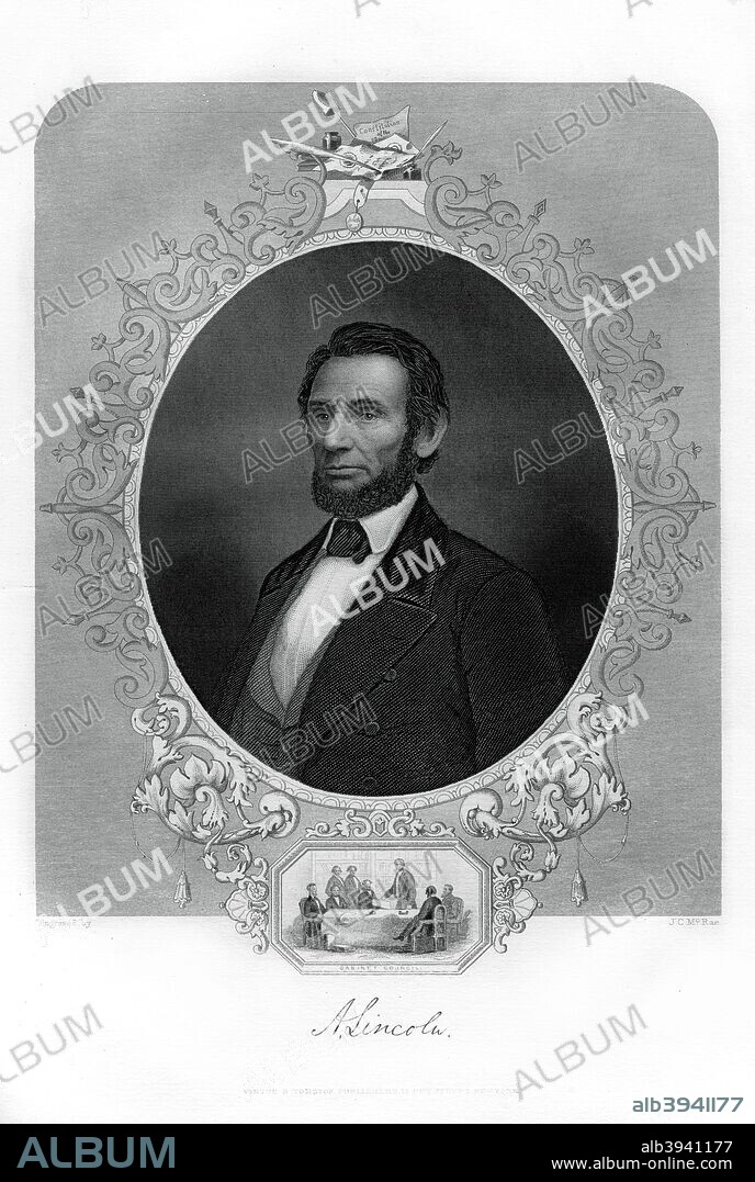 President Abraham Lincoln, American politician, 1862-1867. The 16th president of the United States of America, Abraham Lincoln (1809-1865) joined the Republican party in 1858 and was elected president two years later. His impacable opposition to slavery led to the secession of the southern states and the outbreak of the American Civil War. In 1863, he proclaimed the emancipation of all slaves in the southern Confederate states and later that year restated his anti-slavery views in the Gettysburg Address. Lincoln was infamously shot by actor John Wilkes Booth whilst attending the theatre in 1865. An engraving from volume I of The War with the South : a History of the Late Rebellion, by Robert Tomes, Benjamin G Smith, New York, Virtue & Yorston, 3 Volumes, 1862-1867.