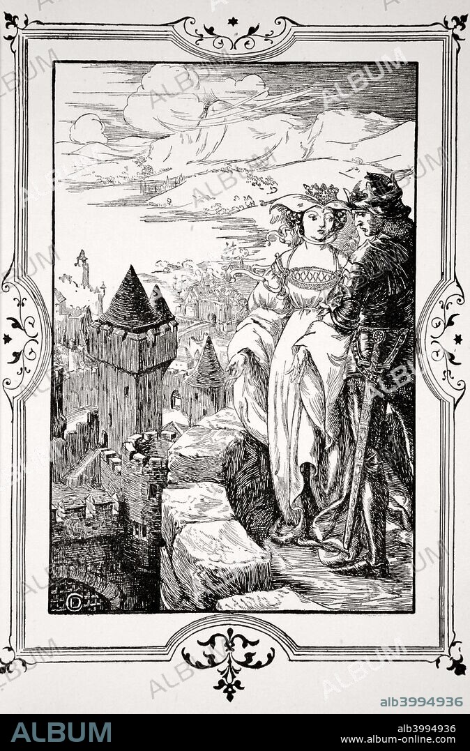 'Annoure brought the King out upon the battlements', 1905. An illustration from Stories of King Arthur and the Round Table by Beatrice Clay, 1st Edition, 1905.