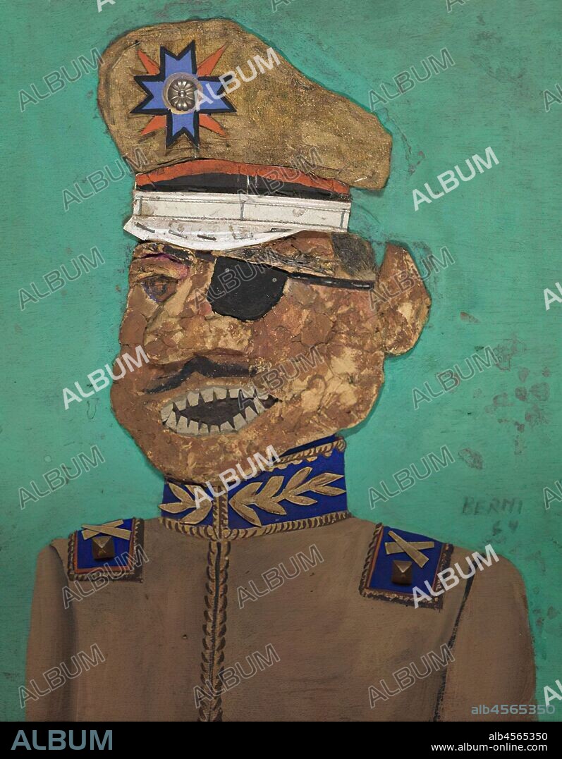 Antonio Berni, El coronel golpista, no. 3, 1966, oil, cardboard, plastic, and metals including bottle cap, tap shoe tips, gilded escutcheons, glue, and staples on plywood, Private Collection.