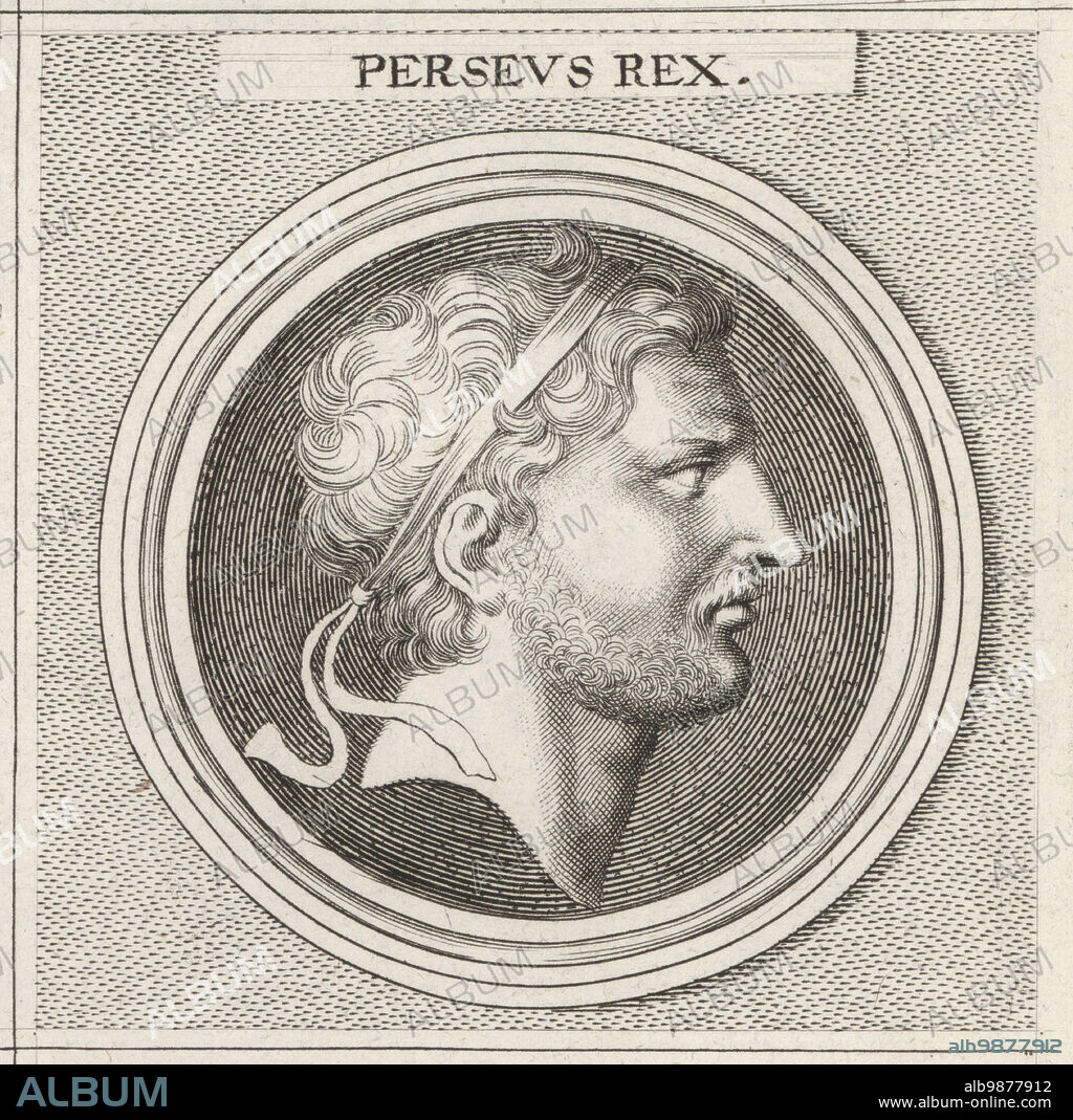 Perseus, last King of Macedonia, c.212-166 BC. Son of Philip V of Macedon, and the last Basileus of the Antigonid dynasty. Perseus Rex. Copperplate engraving after an illustration by Joachim von Sandrart from his LAcademia Todesca, della Architectura, Scultura & Pittura, oder Teutsche Academie, der Edlen Bau- Bild- und Mahlerey-Kunste, German Academy of Architecture, Sculpture and Painting, Jacob von Sandrart, Nuremberg, 1675.