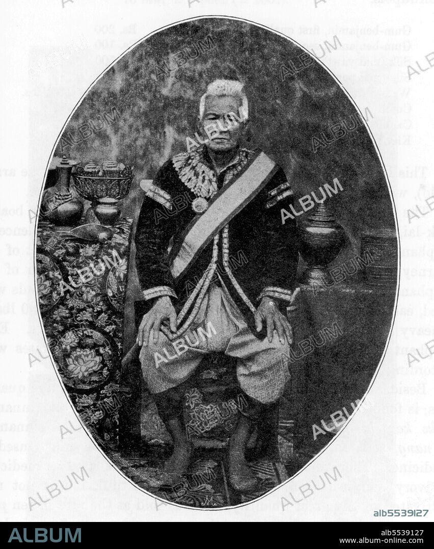 Oun Kham (1811 or 1816 - December 15, 1895) was King of Luang Prabang from 1872 to 1887 and a second time between 1889 and 1895. On 7 June, 1887 the Lao royal capital was seized and sacked; the elderly ruler barely escaped with his life. Between his two ruling periods he was exiled to Bangkok in Thailand where he gave assistance to Auguste Pavie ( the first French vice-consul in Luang Prabang in 1885). The last two years of his reign ended with the establishment of a French protectorate over Laos.