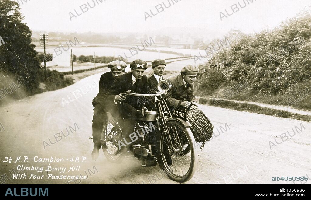 Campion Brothers motor cycle, Bunny Hill, Nottinghamshire, c1912. This was a 3.5 horse power Campion JAP motor cycle, registration AU 612. Here it is shown ascending Bunny Hill with 4 passengers. Campion was a bicycle manufacturer based in Nottingham. They moved into motorcycle production from 1912 until 1926.