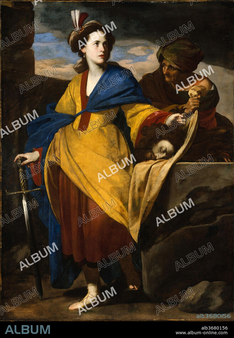 Judith with the Head of Holofernes. Artist: Massimo Stanzione (Italian, Neapolitan, 1585-1656). Dimensions: 78 1/2 x 57 1/2 in. (199.4 x 146.1 cm). Date: ca. 1640.
The subject of the painting is the Biblical Jewish heroine Judith, who bravely went to the camp of the besieging Assyrians, plied the enemy general Holofernes with drink, and cut off his head. An emblem of virtue, she is accompanied by a servant, and displays her trophy, her head turned towards heaven. Stanzione's work was influenced by that of Jusepe de Ribera, but he was also interested in the compositional suavity of Guido Reni.