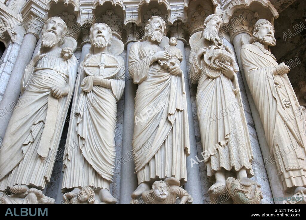 Chartres cathedral, Northern Gate sculptures Isaiah, Jeremy, Simon, John the Baptist and Peter.