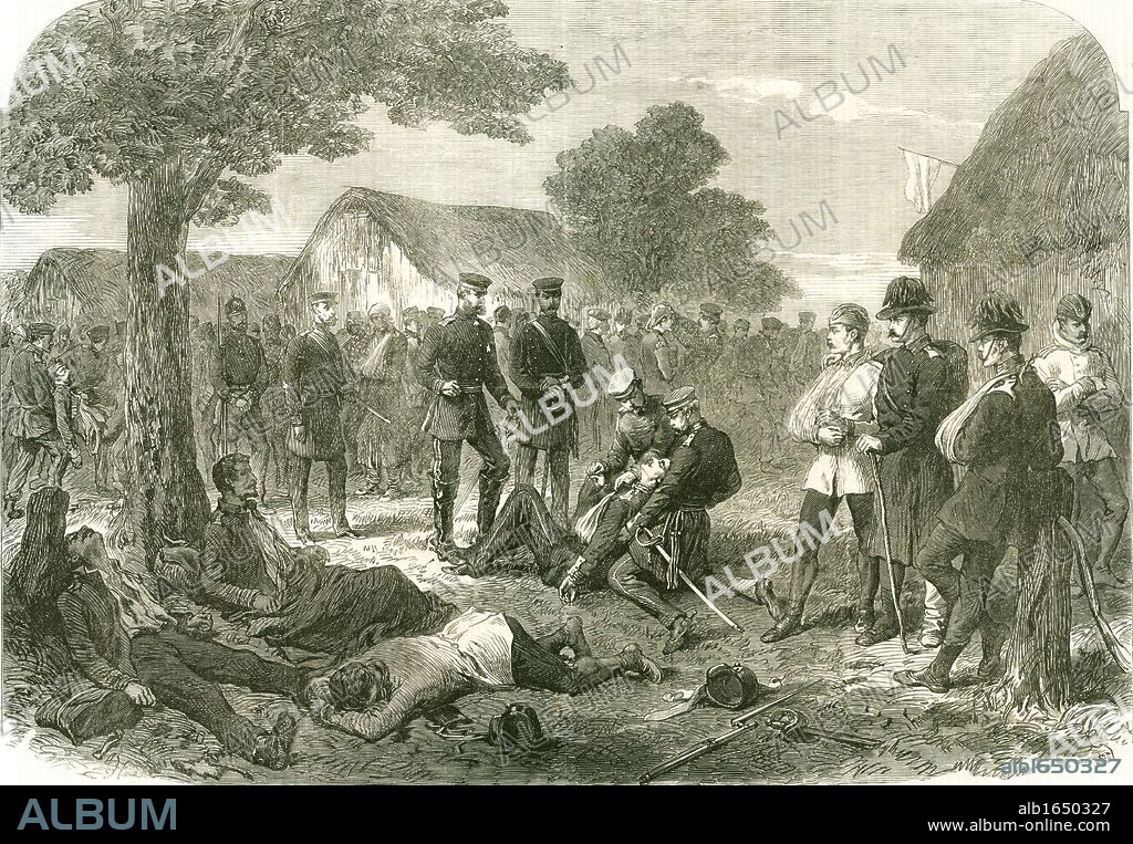 Battle of Sadowa (Sadova, Koniggratz), Bohemia, 3 July 1866, the decisive battle in the Austro - Prussian War. Austria defeated by Prussia. Frederick, Crown Prince of Prussia, visiting wounded survivors of the battle. From "The Illustrated London News" (London, 18 August 1866).