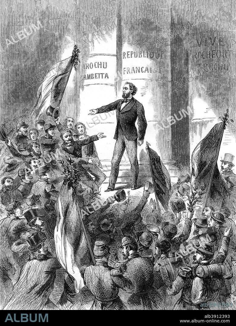 Leon Gambetta proclaiming the Republic of France, 4th September 1870 (1882-1884).  After the disastrous defeat of the French by the Prussians at Sedan and the capture of Napoleon III, General Jules Trochu and Leon Gambetta overthrew the Second Empire and established a Government of National Defence, which would become the Third Republic. A print from La France et les Français à Travers les Siècles, Volume IV, F Roy editor, A Challamel, Saint-Antoine, 1882-1884.