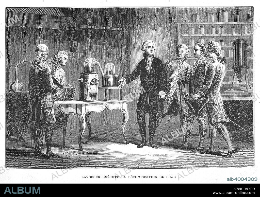 Antoine Laurent Lavoisier, French chemist, demonstrating his discovery of oxygen, 1776 (1874). On the table in the right background of the picture is his calorimeter. Lavoisier (1743-1794) is regarded as the founder of the modern science of chemistry. From Vies des Savant Illustres du XVIIIe Siecle by Louis Figuier. (Paris, 1874).