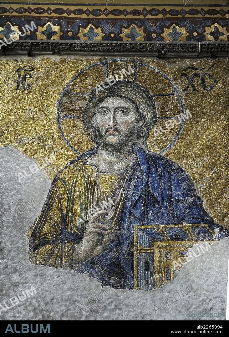 ARTE BIZANTINO. TURQUIA. BASILICA DE SANTA SOFIA. S. VI-VII (S. VI-S. VII). Representación de "La Deesis", Cristo en Majestad en actitud de bendecir, acompañado de la Virgen y San Juan Bautista. Detalle rostro Cristo. Mosaico del S. XIII localizado en el nicho central de la galería meridional. Estambul.