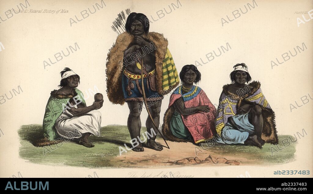 The last of the nomadic Charrua people, Uruguay, 1833. Medicine man Senacua Senaque (perhaps drinking yerba mate tea), warrior with bow and arrow Vaimaca-Piru Sira, and young couple Laureano Tacuave Martinez and Maria Micaela Guyunusa. The Charrua were exterminated by Spanish colonisers in 1831. Handcoloured lithograph by J. Bull from James Cowles Prichard's Natural History of Man, Balliere, London, 1855.