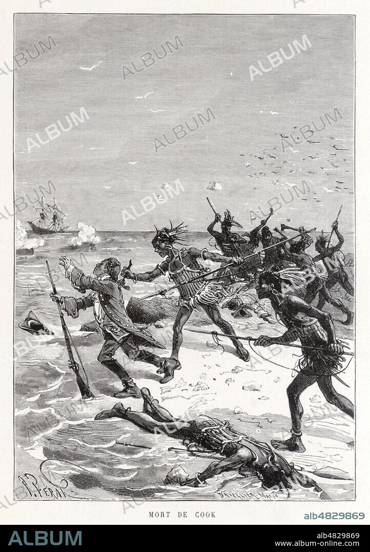 Mort de James COOK (1728-1779) a l'ile Sandwich. Illustration vers 1880 par Jules FERAT (ne en 1819) pour la 'Nouvelle histoire des voyages' de Richard CORTAMBERT (1836-1884). Credit : Collection KHARBINE-TAPABOR.