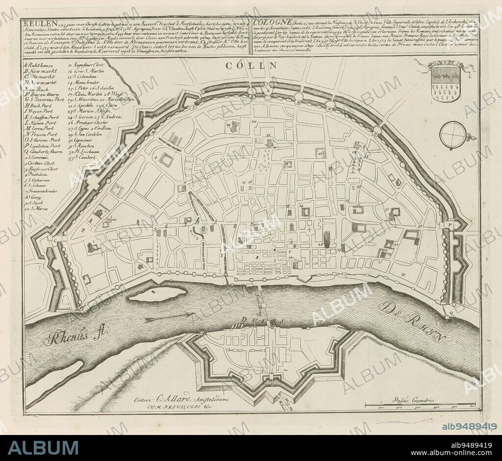 Map of Cologne, Cologne, (built 25 years before Christi Gebirth) is an imperial free city (...) (title on object), Les Principales Forteresses & Villes Fortes, d'Espagne, de France, d'Italie, de Savoië, d'Allemagne & des Païs-Bas (..) / Naaukeurige afbeeldingen der Voornaam Sterke Steden en Vestingen in Spanjen, Vrankryk, Italien, Savoyen, Duytsland en Nederlanden (...) (series title), Plattegrond van Keulen. With texts in Dutch and French. The print is part of an album., print maker: Abraham Allard, print maker: Carel Allard, publisher: Carel Allard, (mentioned on object), print maker: Amsterdam, print maker: Amsterdam, publisher: Amsterdam, publisher: Leiden, 1701 - 1733, paper, etching, height 240 mm × width 276 mm.