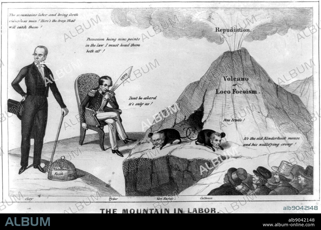 The mountain in labor political cartoon by Henry R. Robinson, circa 1843. Lithographic print. Satirising the democrats of the time, and specifically Martin Van Buren and John C. Calhoun.