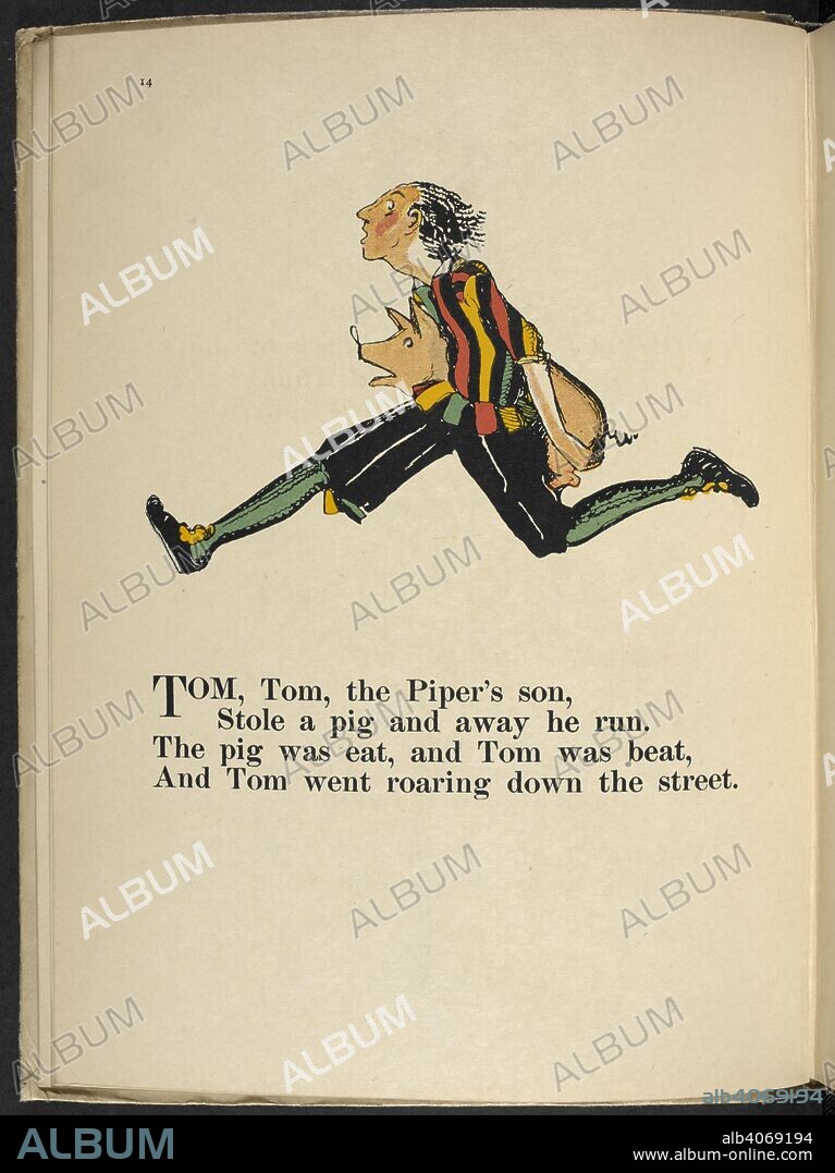 CLAUD LOVAT FRASER. 'Tom, Tom, the piper's son, stole a pig and away he run.'. Nursery Rhymes, with pictures by C. L. Fraser. London : T. C. & E. C. Jack, [1919]. Source: 12800.ddd.31 page 14.