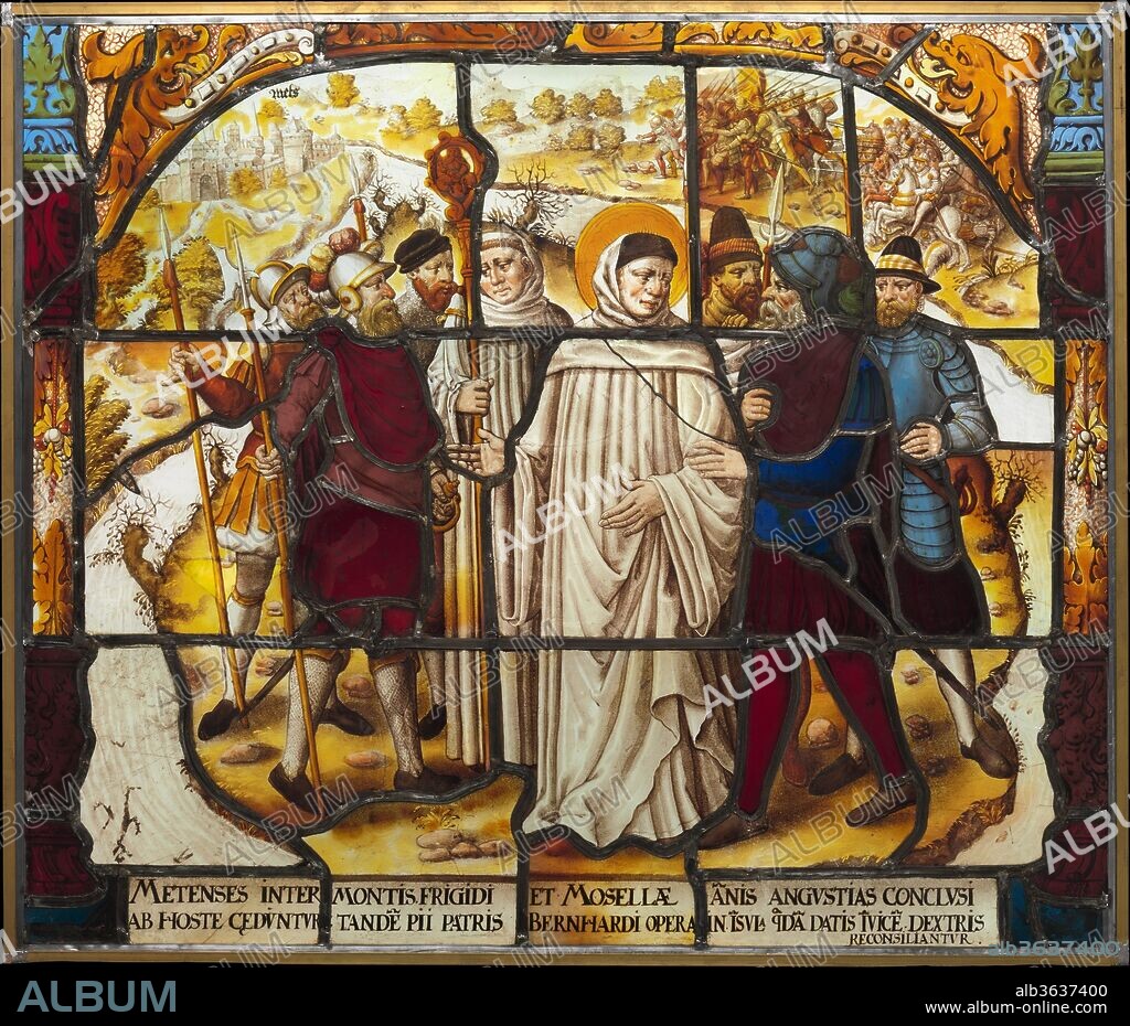 Life of Saint Bernard of Clairvaux: Saint Bernard mediates a dispute between Bishop Stephan von Bar and Duke Matthew von Lothringen in Metz (one of two). Culture: German, Cologne. Dimensions: Overall (confirmed, with brass framing): 28 5/8 x 33 3/8 in. (72.7 x 84.8 cm);
Other (brass support extends behind panel): 3/8 in. (1 cm);
Other (thickness of brass framing): 3/8 in. (1 cm). Date: after 1535.
From a set of twenty-two windows, each with six scenes devoted to the Life of Saint Bernard, made for the glazed cloister at Altenberg, near Cologne.
Saint Bernard and companion stand in white habits, surrounded by six soldiers on an island. In the yellow background is the town of Metz at left, cavalry and infantry in battle at right. The whole is framed by arch on columns.
