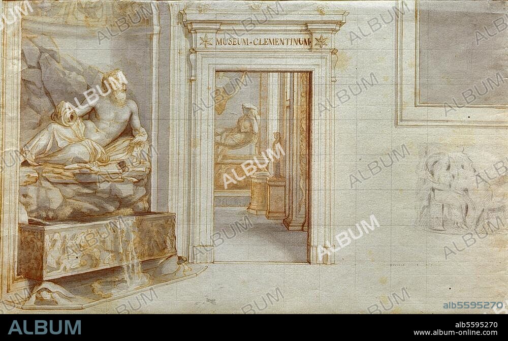 ANTON RAPHAEL MENGS. Mengs, Anton Raphael. 1728-1779. "Hintergrundsvedute für die Allegorie auf das Museum Clementinum", um 1772. Bister, braun auf grau laviert, quadriert, 30,3 × 49 cm. (Entwurf zu dem mittleren Deckengemälde der Stanza dei Papiri im Vatikanischen Palast, vollendet 1772). Fermo, Biblioteca Comunale.