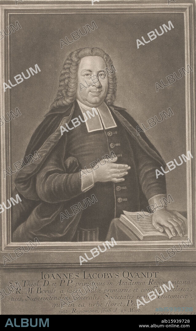 Portrait of Johann Jakob Quandt, with caption in Latin., print maker: Johann Jacob Haid, publisher: Johann Jacob Haid, Augsburg, 1714 - 1767, paper, height 311 mm × width 194 mm, print.