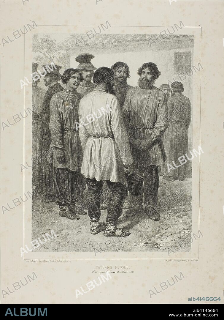 Russian Peasants. Denis Auguste Marie Raffet (French, 1804-1860); printed by Auguste Bry (French, 19th century); published by Chez Gihaut Frères (French, 19th century). Date: 1841. Dimensions: 282 × 208 mm (image); 282 × 210 mm (primary support); 395 × 290 mm (secondary support). Lithograph in black on gray chine laid down on ivory wove paper. Origin: France.